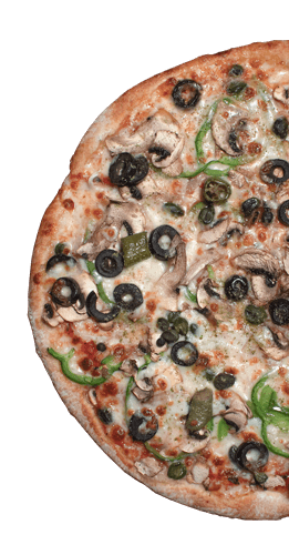Wood fired pizza with olives and peppers