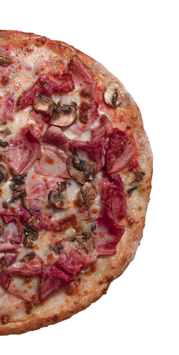 Wood fired pizza with mushrooms and ham